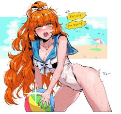 Rule 34 | 1girl, ball, beach, beachball, blue bow, blue bowtie, blue sailor collar, body blush, body freckles, bow, bowtie, breasts, cleavage, freckles, high ponytail, highres, holding, holding ball, ishmael (project moon), korean text, limbus company, long hair, looking at viewer, medium breasts, nyak 138, one-piece swimsuit, open mouth, outdoors, project moon, sailor collar, solo, sun, swimsuit, very long hair, white bow, white one-piece swimsuit