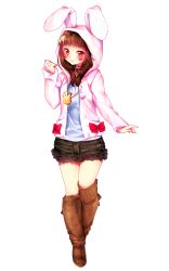 Rule 34 | 1girl, animal ears, animal hood, boots, brown eyes, brown footwear, brown hair, closed mouth, d.va (overwatch), emphasis-lest, eyebrows, facepaint, facial mark, frilled skirt, frills, full body, hand up, hood, hood up, hoodie, jewelry, knee boots, legs together, long sleeves, matching hair/eyes, necklace, open clothes, open hoodie, overwatch, overwatch 1, pink lips, rabbit ears, rabbit hood, shirt, skirt, solo, transparent background, whisker markings