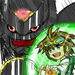 Rule 34 | alphamon, blue eyes, digimon, doumoto kouta, goggles, goggles on head, looking at viewer, red eyes, short hair, smile