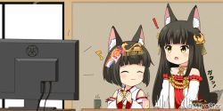 Rule 34 | !, 2girls, :3, ^ ^, animal ear fluff, animal ears, azur lane, bare shoulders, black hair, blush, brown eyes, closed eyes, closed mouth, collarbone, commentary request, cup, detached sleeves, dress, eighth note, flat screen tv, fox ears, fox girl, fox tail, hair ornament, headpiece, japanese clothes, kimono, long hair, long sleeves, mitya, multiple girls, musical note, mutsu (azur lane), nagato (azur lane), open mouth, pleated dress, red dress, sleeveless, sleeveless kimono, strapless, strapless dress, tail, television, twitter username, very long hair, white kimono, white sleeves, wide sleeves, yunomi