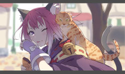 Rule 34 | 1girl, absurdres, animal, animal ear fluff, animal ears, animal on shoulder, bell, blurry, blurry background, blush, cat, cat ears, cat girl, cat on shoulder, cat tail, fingerless gloves, food, food on face, gloves, gradient hair, highres, holding, holding food, japanese clothes, jingle bell, kimono, laika (sputnik2nd), letterboxed, licking lips, looking at viewer, multicolored hair, one eye closed, pink gloves, princess connect!, purple eyes, purple hair, purple kimono, solo, tail, taiyaki, tamaki (princess connect!), tongue, tongue out, tree, upper body, wagashi