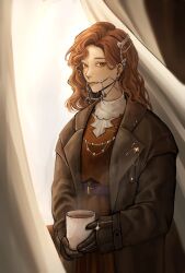 Rule 34 | 1girl, black gloves, braces, brown coat, brown eyes, brown hair, closed mouth, coat, cup, curly hair, curtains, dress, gloves, highres, holding, holding cup, jewelry, long hair, long sleeves, looking at viewer, m1mn1, necklace, open clothes, open coat, red dress, reverse:1999, shirt, solo, steam, tooth fairy (reverse:1999), tooth necklace, upper body, white shirt