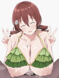 Rule 34 | 1boy, 1girl, bar censor, bikini, bikini top lift, blush, breasts, brown hair, censored, closed eyes, clothes lift, colored skin, commentary request, double v, drill hair, emma verde, erection, flower, green bikini, grey skin, hair flower, hair ornament, hetero, highres, huge breasts, jewelry, love live!, love live! nijigasaki high school idol club, medium hair, necklace, nipples, open mouth, paizuri, penis, pov, smile, sweatdrop, swimsuit, twin drills, v, wewe, white background