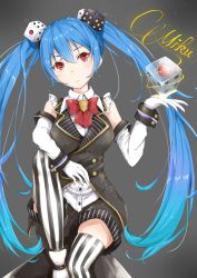 Rule 34 | 1girl, alternate eye color, blue hair, blush, character name, cube hair ornament, gloves, hair ornament, hatsune miku, highres, long hair, red eyes, sitting, smile, solo, striped clothes, striped legwear, striped thighhighs, takumin (takumi415), thighhighs, twintails, vertical-striped clothes, vertical-striped thighhighs, very long hair, vocaloid