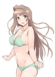 Rule 34 | 10s, 1girl, :d, bare shoulders, bikini, brown hair, clenched hands, cowboy shot, green bikini, jpeg artifacts, kitiroku, long hair, looking at viewer, love live!, love live! school idol project, minami kotori, navel, one side up, open mouth, simple background, sketch, smile, solo, swimsuit, white background, yellow eyes