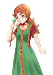 Rule 34 | 1girl, blush, breasts, curly hair, dragon quest, dragon quest vii, dress, green eyes, hood, kamikitayotsuba, long hair, looking at viewer, maribel (dq7), ribbon, simple background, smile, solo, staff, teeth, white background