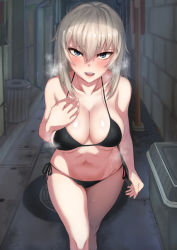 Rule 34 | 10s, 1girl, alley, arm at side, bare arms, bare legs, bare shoulders, barefoot, bikini, black bikini, blue eyes, blush, breasts, breath, building, cleavage, collarbone, commentary request, feet out of frame, girls und panzer, groin, hair between eyes, halterneck, hand on own chest, hand up, highres, itsumi erika, large breasts, long hair, looking at viewer, navel, open mouth, outdoors, pink lips, pov, road, saku (saku1151), shiny skin, side-tie bikini bottom, sidelocks, silver hair, skindentation, solo, steam, stomach, sweat, swimsuit, talking, teeth, trash can, underwear, walking