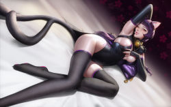 Rule 34 | 1girl, animal ears, arm behind head, arm up, armpits, bed sheet, bell, black gloves, black leotard, black nails, black thighhighs, blunt bangs, breasts, cat band gloves, cat ears, cat girl, cat tail, dutch angle, elbow gloves, facing to the side, feet out of frame, fingerless gloves, floral background, forked tail, gloves, hair tubes, hand on breast, highleg, highleg leotard, highres, jingle bell, kyungnam234, leotard, long hair, looking at viewer, low twintails, medium breasts, nail polish, neck bell, no shoes, on bed, original, pillow, pink lips, purple background, purple hair, reclining, sidelocks, skindentation, sleeveless, solo, tail, tailcoat, tassel, thighhighs, twintails, yellow eyes
