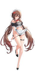 Rule 34 | 1girl, absurdres, alternate costume, apron, bare shoulders, black footwear, black shirt, bnuu binu, bow, bowtie, breasts, brown hair, commentary request, crop top, detached collar, enmaided, frilled apron, frills, genshin impact, grin, groin, highres, hu tao (genshin impact), long hair, looking at viewer, low twintails, maid, maid headdress, medium breasts, midriff, navel, off-shoulder shirt, off shoulder, puffy short sleeves, puffy sleeves, red bow, red bowtie, shirt, shoes, short sleeves, simple background, smile, solo, stomach, thigh strap, thighs, twintails, very long hair, waist apron, white apron, white background, wrist cuffs