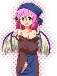 Rule 34 | 1girl, animal ears, bird wings, blush, breasts, cato (monocatienus), cleavage, collarbone, female focus, head scarf, highres, japanese clothes, long sleeves, mystia lorelei, off shoulder, okamisty, open mouth, pink hair, short hair, solo, touhou, undressing, wide sleeves, wings, yellow eyes