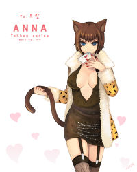 Rule 34 | 1girl, animal ears, anna williams, blue eyes, breasts, brown hair, cat ears, cat tail, character name, cleavage, cleavage cutout, clothing cutout, coat, copyright name, dress, fishnet thighhighs, fishnets, fur coat, garter straps, heart, holding, holding own tail, holding with tail, large breasts, letter, love letter, mouth hold, nail polish, prehensile tail, short hair, signature, solo, tail, tekken, thighhighs