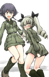 Rule 34 | 10s, 2girls, :d, absurdres, anchovy (girls und panzer), anzio military uniform, black hair, black ribbon, blush, boots, braid, clothes pull, days135, drill hair, girls und panzer, highres, looking at viewer, multiple girls, nose blush, open mouth, pepperoni (girls und panzer), ribbon, short braid, side braid, single braid, sketch, skirt, skirt pull, smile, twintails, wavy mouth, white background, yellow eyes