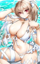 Rule 34 | 1girl, absurdres, azur lane, bikini, bow, bracelet, breasts, brown hair, casul, closed mouth, commentary, commission, earrings, english commentary, frilled bikini, frills, gold bracelet, gold earrings, hair bow, hands up, highres, jean bart (azur lane), jewelry, large breasts, long hair, looking at viewer, navel, necklace, outdoors, ponytail, red eyes, skull, solo, swimsuit, thigh strap, water, white bikini, white bow