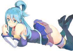 Rule 34 | 10s, 1girl, aqua (konosuba), ass, bare shoulders, blue eyes, blue footwear, blue hair, blue thighhighs, blush, boots, breasts, detached sleeves, hair ornament, kono subarashii sekai ni shukufuku wo!, large breasts, legs up, long hair, looking at viewer, lying, matching hair/eyes, no panties, on stomach, ryuuta (msxtr), see-through, simple background, skirt, smile, solo, the pose, thigh boots, thighhighs, white background, white thighhighs