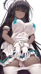 Rule 34 | 1girl, ahoge, apron, apron lift, black dress, black hair, blue archive, blush, breasts, clothes lift, clothes pull, dark-skinned female, dark skin, dress, gloves, halo, highres, karin (blue archive), large breasts, long hair, looking at viewer, maid, maid headdress, ndgd, pantyhose, pantyhose pull, puffy short sleeves, puffy sleeves, short dress, short sleeves, simple background, solo, white apron, white background, white gloves, white pantyhose, yellow eyes