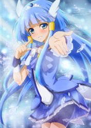 Rule 34 | 10s, 1girl, aoki reika, bike shorts, bike shorts under skirt, blue background, blue dress, blue eyes, blue hair, blue skirt, blue theme, blush, cure beauty, dress, eyelashes, hair tubes, head wings, highres, ice, long hair, noa p, outstretched hand, pointing, precure, shorts, shorts under skirt, sidelocks, skirt, smile, smile precure!, solo, tiara, wings
