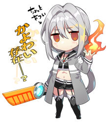 Rule 34 | 1girl, @ @, amano suzune, arm at side, black footwear, black shirt, black shorts, blush, boots, chibi, choker, collared jacket, crop top, empty eyes, fire, fire, full body, garter straps, gem, grey hair, grey jacket, hair between eyes, hand up, highres, holding, holding weapon, jacket, jewelry, long hair, long sleeves, looking at viewer, low ponytail, magical girl, mahou shoujo madoka magica, mahou shoujo madoka magica (anime), mahou shoujo suzune magica, midriff, mole, mole under eye, navel, necklace, no mouth, no nose, open clothes, open jacket, pendant, pyrokinesis, red eyes, red gemstone, sailor jacket, senri gan, shirt, shorts, sidelocks, solo, standing, striped choker, sweat, thigh boots, very long hair, weapon