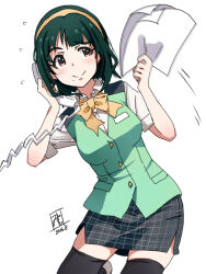 Rule 34 | 1girl, black thighhighs, blush, bow, bowtie, breasts, closed mouth, cowboy shot, dated, flying sweatdrops, green hair, green jacket, grey skirt, hairband, hands up, holding, holding paper, holding phone, idolmaster, idolmaster (classic), idolmaster million live!, idolmaster million live! theater days, jacket, large breasts, leg up, looking at another, miniskirt, mistrail, mole, mole under mouth, motion lines, otonashi kotori, paper, pencil skirt, phone, plaid, plaid skirt, red eyes, shirt, short hair, short sleeves, side slit, signature, simple background, skirt, sleeveless, sleeveless jacket, smile, solo, standing, standing on one leg, thighhighs, white background, white shirt, yellow bow, yellow bowtie, yellow hairband, zettai ryouiki