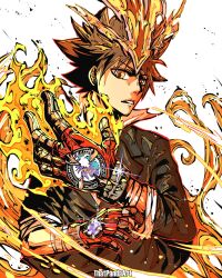 Rule 34 | 1boy, brown hair, commentary, english commentary, fingerless gloves, fire, gloves, highres, jacket, katekyo hitman reborn!, large hands, looking at viewer, male focus, orange eyes, sawada tsunayoshi, short hair, simple background, solo, that one panda, upper body, wristband
