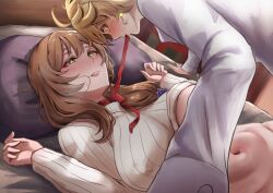 Rule 34 | 1boy, 1girl, aether (genshin impact), age difference, bed, blonde hair, brown hair, commentary, earrings, english commentary, genshin impact, hans-kun, highres, jewelry, lisa (genshin impact), long hair, navel, on bed, pillow, ribbed sweater, short hair, sweater, yellow eyes