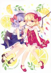 Rule 34 | 2girls, absurdres, alternate costume, aogiri sei, bare arms, bare shoulders, bat wings, beret, black footwear, blonde hair, blue hair, blue skirt, blush, bow, choker, crystal, dress, fang, flandre scarlet, food, hat, hat bow, high-waist skirt, high heels, highres, holding, holding food, long hair, looking at viewer, miniskirt, multiple girls, one eye closed, one side up, petticoat, pink bow, pointy ears, popsicle, red bow, red choker, red dress, red eyes, red footwear, red neckwear, red ribbon, remilia scarlet, ribbon, sailor collar, scan, short dress, short hair, siblings, sisters, sitting, skirt, smile, thigh strap, touhou, white background, white headwear, white sailor collar, wings, wrist cuffs