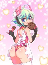 Rule 34 | 1girl, apron, ass, azure striker gunvolt, bare shoulders, blue eyes, blush, breasts, candy, chocolate, chocolate heart, cougar (cougar1404), food, from behind, gloves, green hair, headgear, heart, leotard, looking at viewer, looking back, open mouth, roro (gunvolt), shiny clothes, shiny skin, short hair, sideboob, smile, solo, thighhighs, wedgie