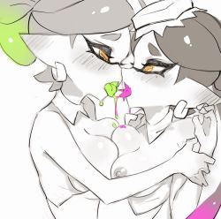 Rule 34 | 2girls, bad id, bad twitter id, bare shoulders, blush, breast press, breasts, callie (splatoon), detached collar, earrings, eye contact, french kiss, incest, inkling, jewelry, jtveemo, kiss, looking at another, marie (splatoon), monochrome, multicolored hair, multiple girls, nintendo, nipples, open mouth, orange eyes, pointy ears, saliva, simple background, splatoon (series), spot color, symmetrical docking, tentacle hair, tongue, tongue out, two-tone hair, upper body, yuri