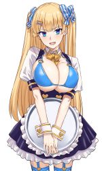 Rule 34 | 1girl, apron, bikini, bikini top only, blonde hair, blue bikini, blush, bow, breasts, buttons, cleavage, collarbone, cuff links, dress, feet out of frame, frilled apron, frills, garter straps, hair bow, hair ornament, heart button, highres, large breasts, lina (michihasu), long hair, michihasu, multicolored eyes, nail polish, open mouth, original, solo, striped bow, striped clothes, striped legwear, striped thighhighs, swimsuit, thighhighs, tray, twintails, vertical-striped clothes, vertical-striped thighhighs, very long hair, waitress, white background, yellow neckwear