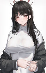 Rule 34 | 1girl, absurdres, black hair, blue archive, blush, breasts, closed mouth, fingernails, hair ornament, hairpin, halo, highres, large breasts, long hair, long sleeves, looking at viewer, red eyes, renge (730), rio (blue archive), simple background, solo, sweater, turtleneck, turtleneck sweater, upper body, white background, white sweater