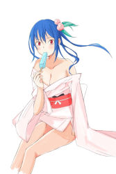 Rule 34 | 1girl, alternate costume, blue hair, breasts, cleavage, dress, food, fruit, hair ornament, hinanawi tenshi, holding, japanese clothes, kimono, long hair, long sleeves, looking at viewer, medium breasts, off shoulder, peach, pink dress, popsicle, red eyes, short dress, simple background, sitting, solo, tetsurou (fe+), touhou, white background