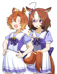 Rule 34 | 2girls, ^ ^, ahoge, animal ears, brown hair, closed eyes, commentary request, cowboy shot, crown, ear piercing, hairband, hands on own hips, highres, holding another&#039;s tail, horse ears, horse girl, horse tail, medium hair, meisho doto (umamusume), michia (bourgognepony), mini crown, multicolored hair, multiple girls, open mouth, orange hair, piercing, puffy short sleeves, puffy sleeves, purple shirt, sailor collar, school uniform, shirt, short hair, short sleeves, simple background, skirt, sparkle, sweat, t.m. opera o (umamusume), tail, tracen school uniform, two-tone hair, umamusume, white background, white skirt
