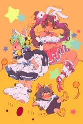 Rule 34 | 3girls, :d, ahoge, animal ears, animal hands, animal hat, ankle lace-up, apron, artist name, bare shoulders, bell, black dress, blush, bow, breasts, brown hair, cat ears, cat hat, cat tail, cleavage, closed mouth, commentary, cross-laced footwear, crossed arms, dejiko, di gi charat, dice, dice hair ornament, dress, english commentary, frilled skirt, frills, gema, gloves, green eyes, green hair, hair bow, hair ornament, hat, jingle bell, kneehighs, long hair, looking at viewer, maid apron, multiple girls, open mouth, orange background, paw gloves, paw shoes, pink bow, pink footwear, pink skirt, puchiko, puffy short sleeves, puffy sleeves, rabbit ears, rii abrego, shirt, shoes, short hair, short sleeves, skirt, smile, socks, star (symbol), tail, tiger ears, tiger tail, twintails, usada hikaru, white apron, white legwear, white shirt