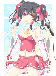 Rule 34 | 1girl, adapted costume, ascot, bad id, bad pixiv id, bare shoulders, black hair, bow, breasts, brown hair, censored, cleavage, convenient censoring, detached sleeves, female focus, hair bow, hair tubes, hakurei reimu, heart, heart of string, highres, japanese clothes, long hair, microphone, midriff, miko, navel, no panties, noveske n4, skirt, small breasts, smile, solo, string, string of fate, touhou