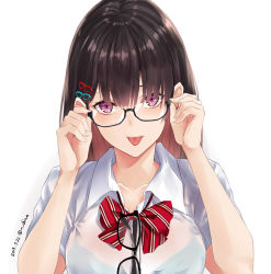 Rule 34 | 1girl, :p, adjusting eyewear, artist name, black-framed eyewear, black bra, black hair, bow, bowtie, bra, bra visible through clothes, breasts, collarbone, commentary request, dated, glasses, hair between eyes, hair ornament, hands up, long hair, looking at viewer, medium breasts, nabeshima tetsuhiro, original, purple eyes, red bow, red bowtie, see-through, shirt, short sleeves, simple background, solo, striped bow, striped bowtie, striped clothes, striped neckwear, tongue, tongue out, twitter username, underwear, upper body, white background, white shirt
