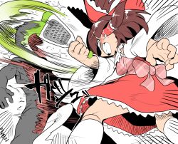 Rule 34 | 1girl, 1other, angry, apron, back bow, blood, blush, bow, brown hair, clenched teeth, commentary request, cookie (touhou), cutting, detached sleeves, dress, emphasis lines, feet out of frame, frilled bow, frilled hair tubes, frills, grater, hair bow, hair tubes, hakurei reimu, holding, long hair, medium bangs, pink apron, pink bow, red bow, red dress, rurima (cookie), sidelocks, sleeveless, sleeveless dress, socks, solo focus, teeth, tetugakuzonbi, touhou, white sleeves, white socks