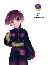 Rule 34 | 1boy, belt, belt pouch, black belt, blush, bowl cut, breast pocket, bubble, buttons, chewing gum, child, cowboy shot, creature and personification, cropped jacket, green eyes, green sweater, highres, jacket, long sleeves, male focus, mushroom, original, pants, parted bangs, personification, plants vs zombies, pocket, pouch, puff-shroom (plants vs zombies), purple bag, purple eyes, purple jacket, purple pants, reka san, short hair, simple background, solo, sweater, twitter username, v, white background