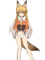 Rule 34 | 10s, 1girl, animal ears, artist request, black gloves, blonde hair, bow, bowtie, clothes lift, extra ears, ezo red fox (kemono friends), female focus, fox ears, fox tail, fur-trimmed sleeves, fur trim, gloves, highres, kemono friends, lifting own clothes, long hair, long sleeves, looking at viewer, multicolored hair, navel, necktie, panties, shirt, simple background, sketch, skirt, skirt lift, solo, standing, tail, underwear, white background, white hair, white panties, yellow eyes