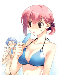 Rule 34 | 1boy, 1girl, bad id, bad pixiv id, bikini, bikini top only, blue hair, breasts, brown eyes, cleavage, artistic error, extra digits, food, medium breasts, o-ring, o-ring top, pink hair, popsicle, protagonist (tokimemo gs3), shitara seiji, short hair, swimsuit, tokimeki memorial, tokimeki memorial girl&#039;s side 3rd story, trough shell, twintails