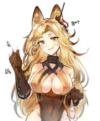Rule 34 | 1girl, absurdres, animal ears, arknights, bare shoulders, black gloves, breasts, brown hair, brown shirt, cat ears, cleavage, commentary, commentary request, condom, covered navel, cowboy shot, cum, earpiece, elsi, english commentary, gloves, groin, handjob gesture, highres, holding, holding condom, korean commentary, korean text, large breasts, long hair, looking at viewer, mixed-language commentary, no panties, quercus (arknights), shirt, simple background, sleeveless, sleeveless shirt, solo, sweat, used condom, white background, yellow eyes