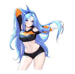 Rule 34 | 1girl, :&lt;, arm up, armpits, black shorts, blue eyes, blue hair, blue hairband, blush, borrowed character, breasts, clothing cutout, contrapposto, cropped hoodie, cropped legs, exposed pocket, hairband, hands in hair, highres, hood, hoodie, long hair, looking at viewer, medium breasts, bae minah (chaesu), navel, original, short shorts, shorts, shoulder cutout, siun, solo, striped, thighs, toned, very long hair, white background