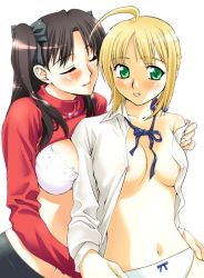 Rule 34 | 00s, 2girls, artoria pendragon (all), artoria pendragon (fate), assertive female, assisted exposure, blonde hair, blouse, blush, bow, bow panties, bra, breasts, clothes lift, closed eyes, fate/stay night, fate (series), green eyes, lingerie, long sleeves, multiple girls, nipple slip, nipples, no bra, open clothes, open shirt, panties, ribbon, saber (fate), shirt, shirt lift, standing, tohsaka rin, turtleneck, unagimaru, underwear, undressing, white bra, white panties, yuri