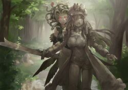 Rule 34 | bra, breasts, cleavage, dress, forest, highres, large breasts, long hair, nature, night vision, non-web source, open mouth, petrification, scared, snake hair, statue, sword, thighs, twintails, underwear, weapon