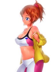Rule 34 | 10s, 1girl, bike shorts, blue eyes, blush, breasts, brown hair, cleavage, covered erect nipples, gundam, gundam build fighters, gundam build fighters try, hoshino fumina, jacket, large breasts, midriff, onsoku inu, ponytail, scrunchie, short hair, simple background, smile, solo, sports bra, strap gap, taut clothes, white background