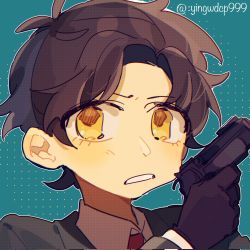 Rule 34 | 1boy, brown hair, collared shirt, cosplay, damian desmond, formal, gloves, gun, handgun, highres, jacket, necktie, parted bangs, parted lips, shirt, solo, spy x family, suit, suit jacket, twilight (spy x family), twilight (spy x family) (cosplay), twitter username, weapon, white shirt, yellow eyes, yingwdcp999
