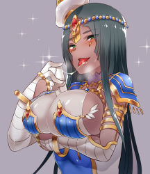 Rule 34 | 1girl, armor, black hair, blush, breast hold, breasts, dark skin, dark-skinned female, fate/grand order, fate (series), green eyes, grey background, hair ornament, hat, large breasts, long hair, open mouth, saliva, saliva trail, scheherazade (fate), sideboob, solo, sparkle, tongue, tongue out, upper body