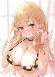 Rule 34 | 1girl, backlighting, bikini, black bikini, black choker, blonde hair, bracelet, breasts, choker, cleavage, closed mouth, commentary request, ear piercing, floral print, highres, holding, holding hair, indoors, jewelry, keikei (kitty colors), kitagawa marin, large breasts, lipstick, long hair, looking at viewer, makeup, navel, necklace, piercing, print bikini, purple eyes, ring, smile, solo, sono bisque doll wa koi wo suru, swimsuit, upper body, window