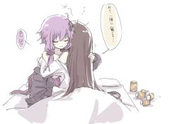Rule 34 | 2girls, ahoge, beer can, black jacket, brown hair, can, closed eyes, commentary, drink can, drunk, futon, hair ornament, hair tubes, hand on another&#039;s shoulder, hug, jacket, light smile, long hair, master (vocaloid), multiple girls, nejikyuu, purple hair, short hair with long locks, sidelocks, sketch, speech bubble, squeans, translated, under covers, vocaloid, voiceroid, white background, yuzuki yukari