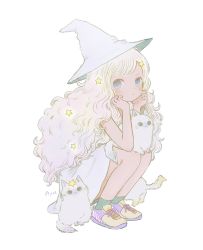 Rule 34 | 1girl, :&lt;, animal, artist name, ayu (mog), blonde hair, blue eyes, blush, cat, cross-laced footwear, curly hair, dress, full body, green socks, hair ornament, hairclip, hands on own cheeks, hands on own face, hat, highres, long hair, looking at viewer, original, shoes, simple background, sneakers, socks, solo, squatting, star (symbol), star hair ornament, swept bangs, white background, white dress, white hat, witch hat