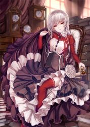 Rule 34 | 1girl, book, clock, corset, dress, flower, grandfather clock, lolita fashion, original, parted lips, pocket watch, red eyes, red thighhighs, rose, shiokonbu, sitting, solo, thighhighs, watch, white flower, white hair, white rose