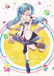 Rule 34 | 1girl, 39, :d, backless outfit, black skirt, blue eyes, blue hair, breasts, detached sleeves, floating hair, frilled skirt, frills, from behind, gradient hair, hair between eyes, hatsune miku, head tilt, holding, holding microphone stand, long hair, long sleeves, looking at viewer, magical mirai (vocaloid), magical mirai miku, magical mirai miku (2017), medium breasts, microphone stand, miniskirt, multicolored hair, nanase (nns 6077), open mouth, pink hair, shirt, shoulder blades, sideboob, skirt, sleeveless, sleeveless shirt, smile, solo, standing, standing on one leg, twintails, very long hair, vocaloid, white legwear, white shirt, white sleeves